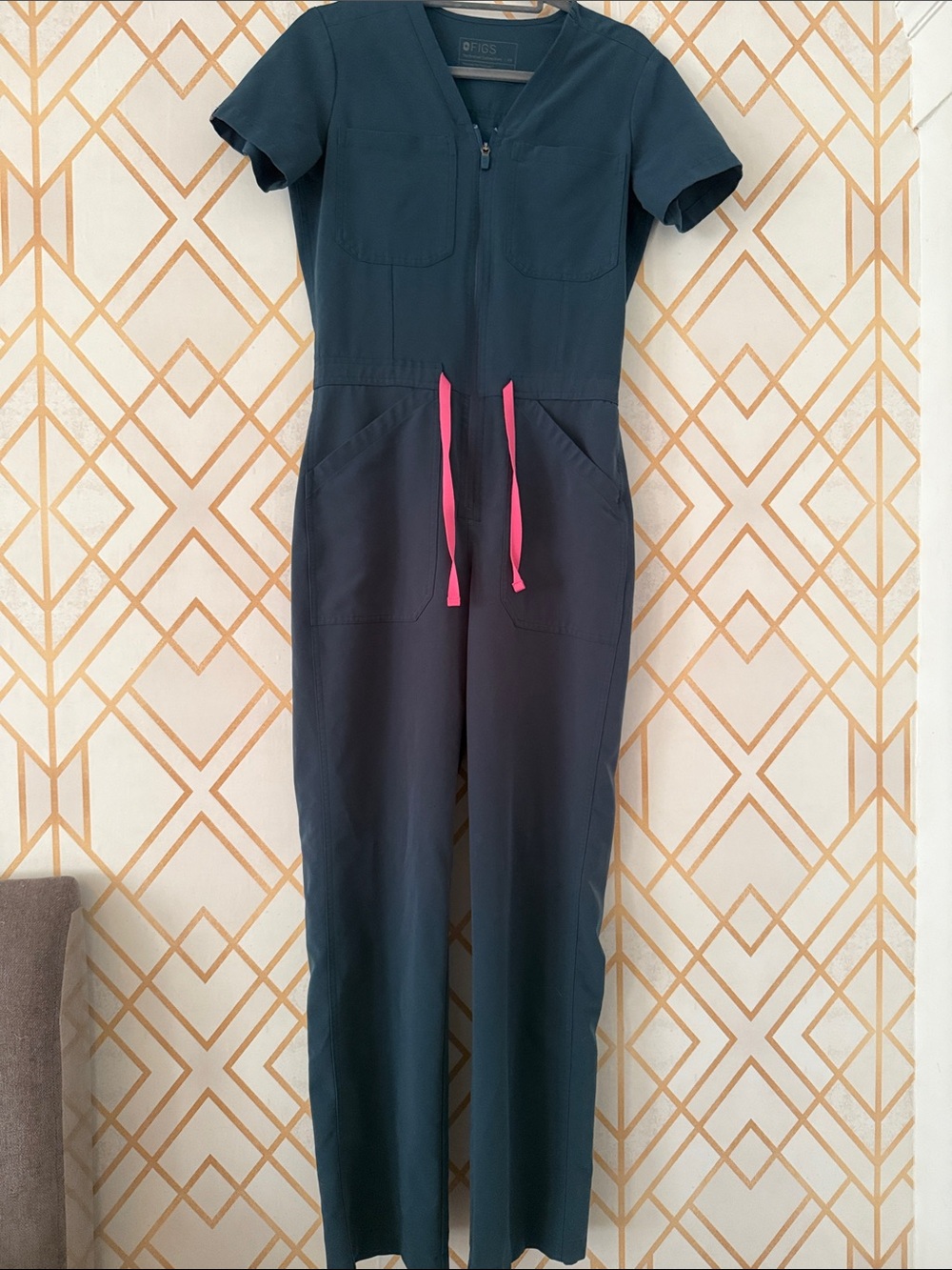 Figs Caribbean blue Catarina jump suit with Pink Drawstring